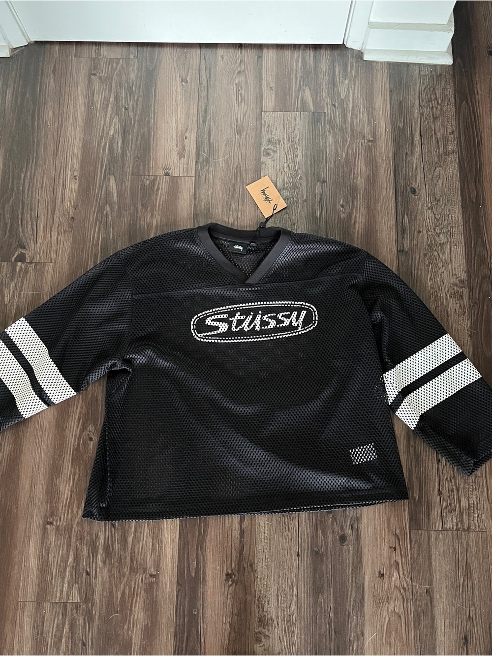 Stussy Black Mesh Jersey with White Stripe Sleeves